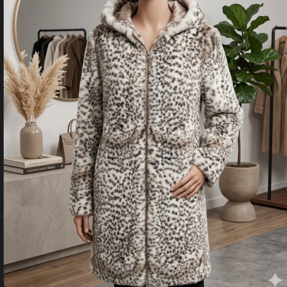 Tahari Leopard Print Luxe Classic Faux Fur Women Coat Teddy Hooded Jacket Size M